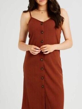 NWT. Altar'd State Rust Brown Ribbed Button-Front Midi Dress. Size M. #SW